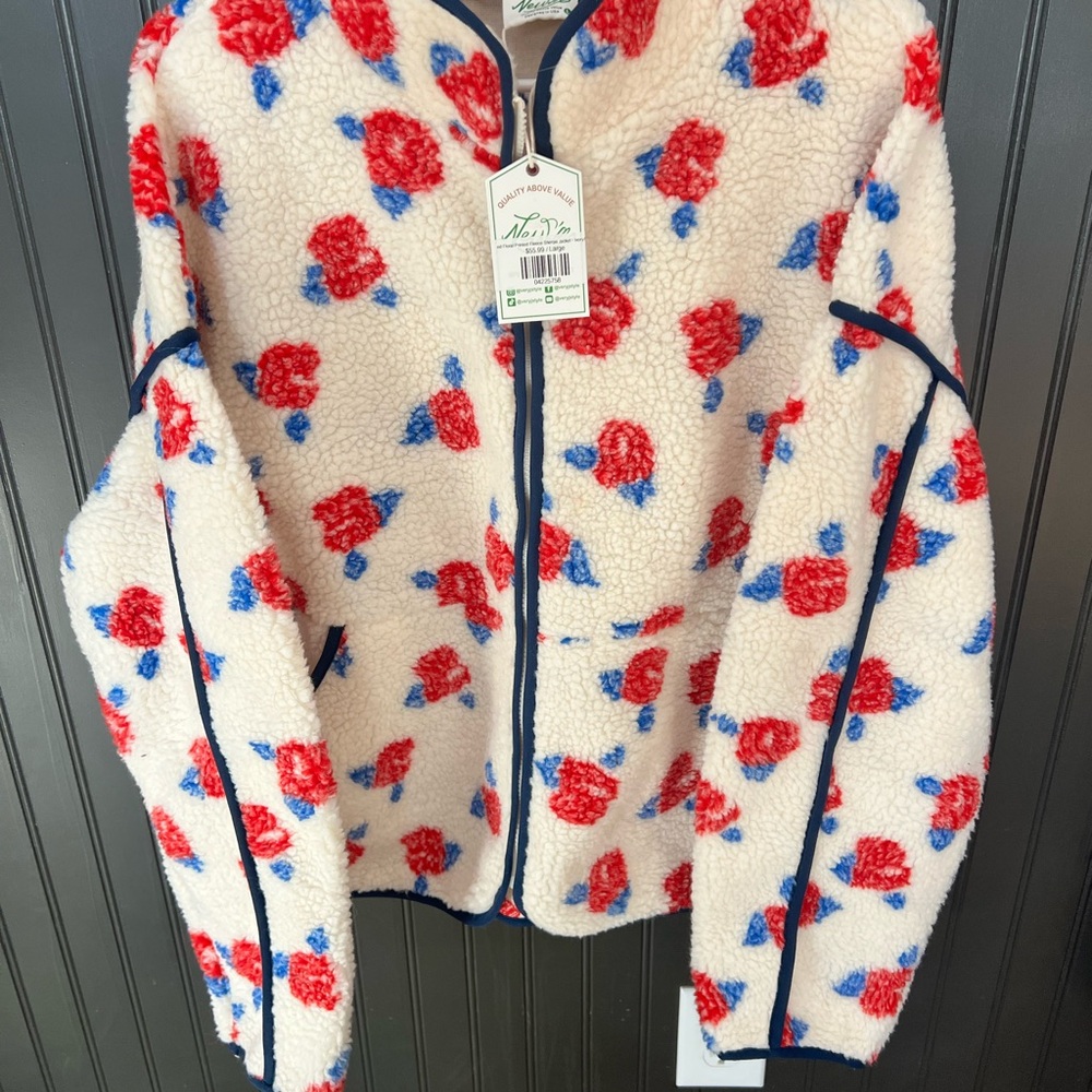 Cream Teddy Jacket with Red and Blue Floral Pattern